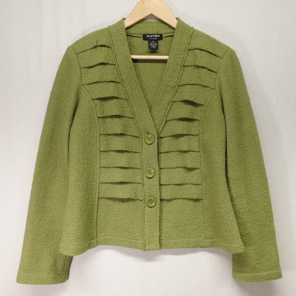 Clothes By Revue Cardigan Sweater Womens Medium Green Boiled Wool Pleated